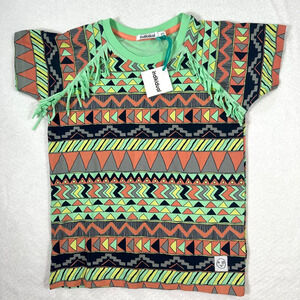 Indikidual Fringe Tee Kids 6/7 Green Chili Patterned Short Sleeve Shirt New